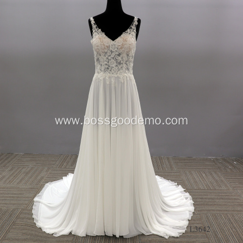 Flower white Lace Sexy Backless V Neck Sleeveless Appliques Bridal Gown illusion wedding dress